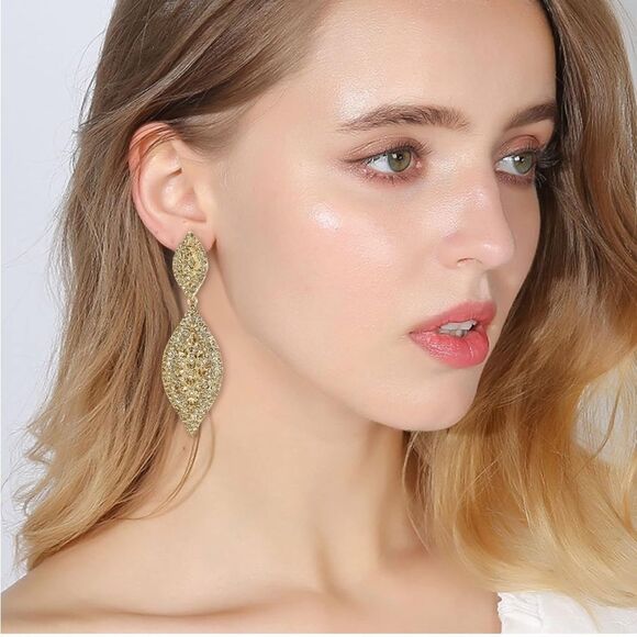Yellow Gold with Brown Topaz Crystal Double Leaf Chandelier Post Back Earrings - Picture 4 of 6